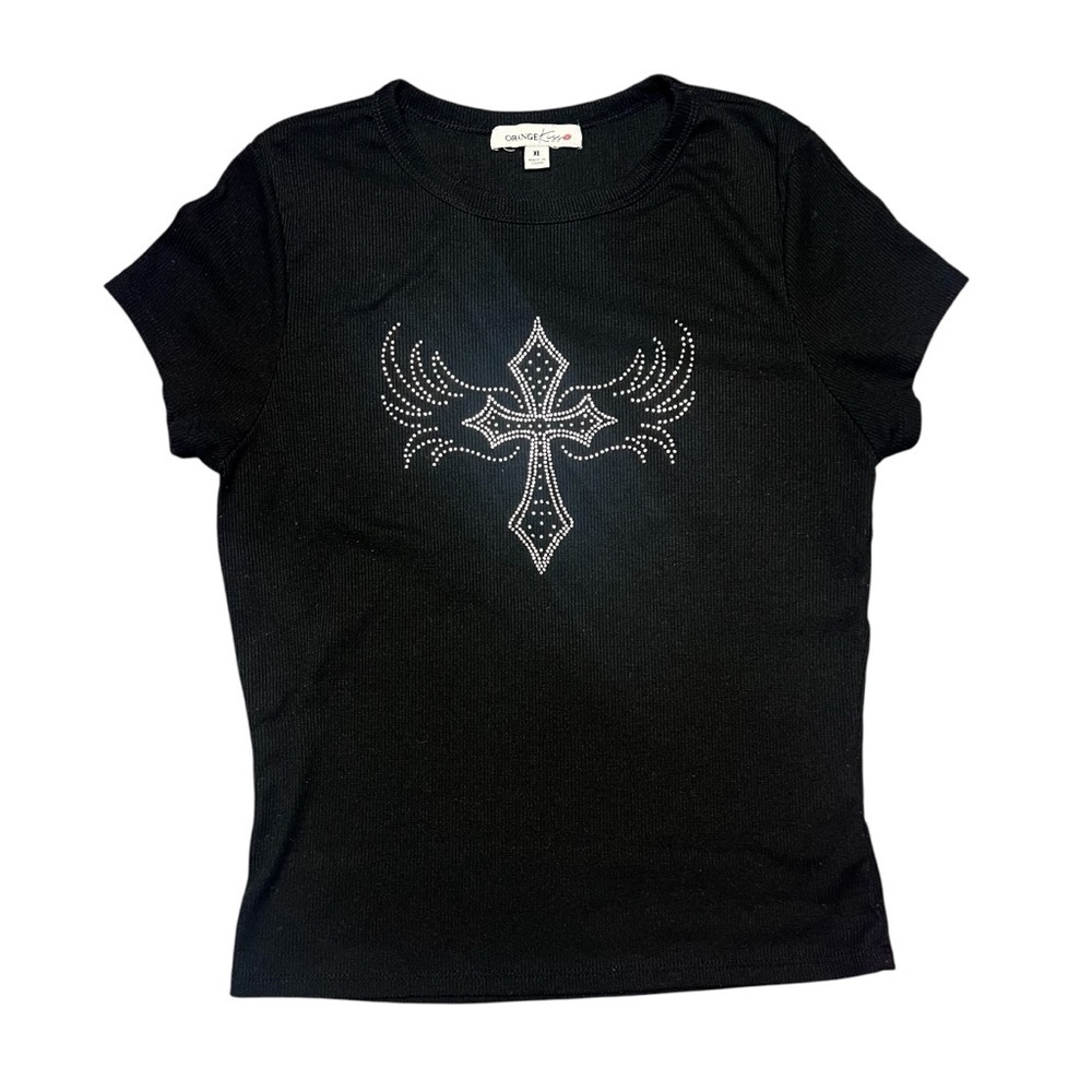 Y2K Orange Kiss Silver Rhinestone Cross Black Tee Grunge
